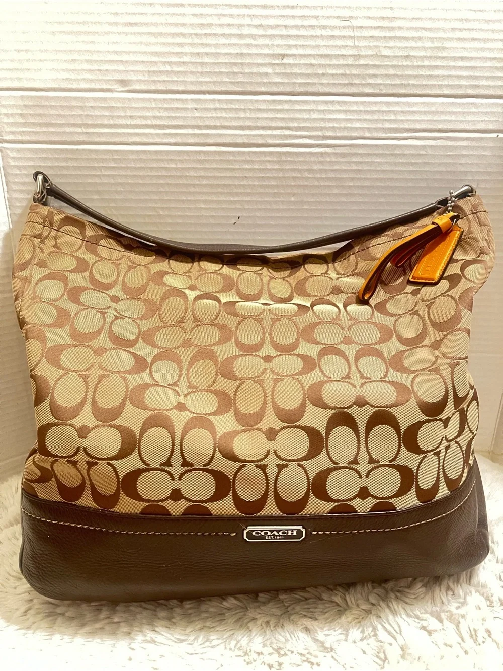 Coach Park Monogrammed Signature Canvas Hobo in Khaki and Brown with Orange Tag - Picture 6 of 14